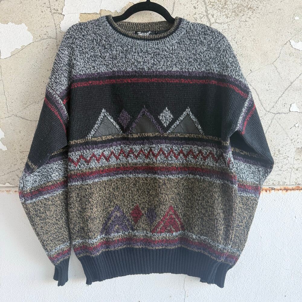 Vtg Grandpa Sweater Leather Patches 90s Geometric Knit Mens‎ L Southwest Preppy